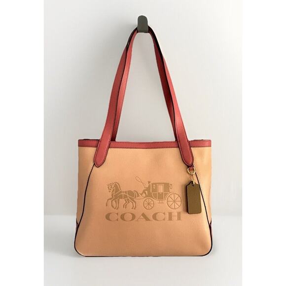 New Coach Leather Tote 27 Bag Pink Peach Blush C5775 Horse Carriage Colorblock - Picture 7 of 16